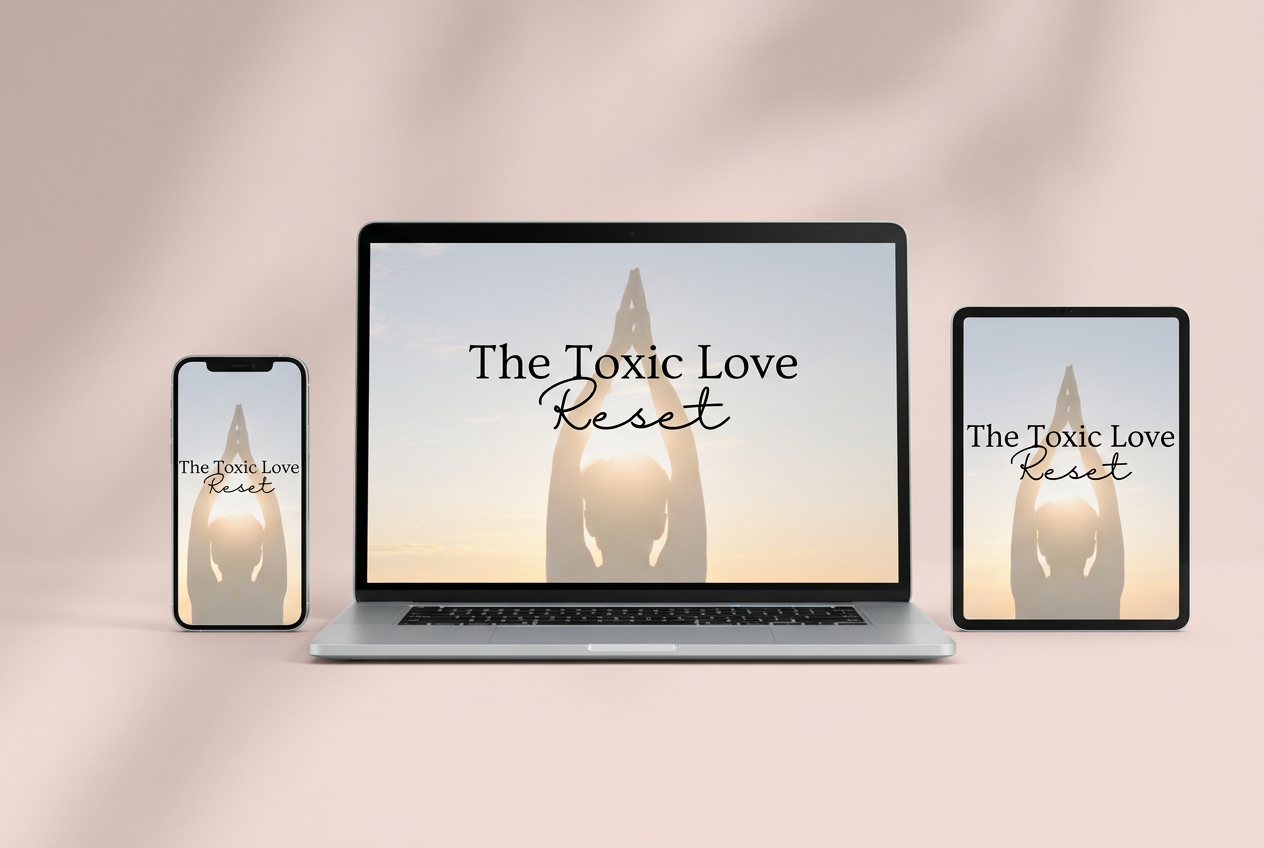 The Toxic Love Reset course shown on laptop, tablet, and phone